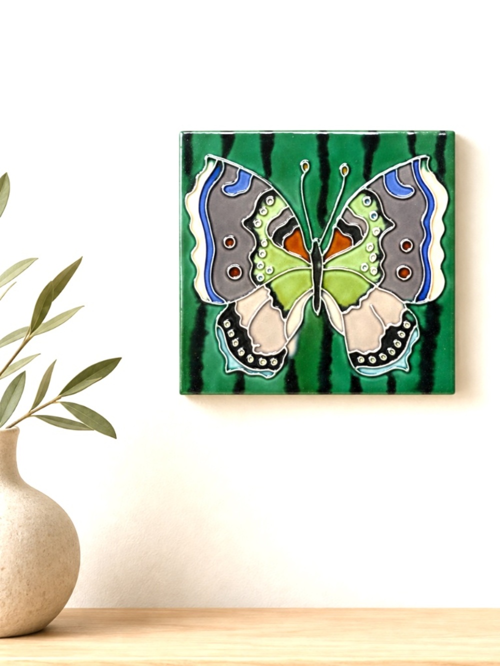 butterfly tile TILE CRAFT handprinted fired trivet vintage ceramic multicolor